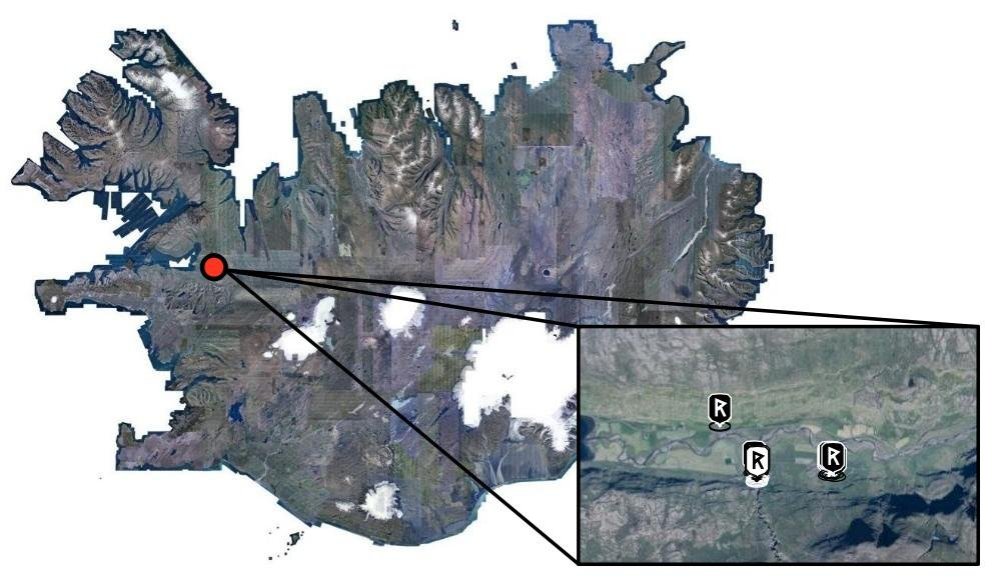 Yfirlitskort af staðsetningu minja í Haukadal. ©Loftmyndir.