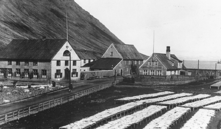 Hæstikaupstaður árið 1900, faktorshúsið er lengst til hægri og sölubúðin lengst til vinstri (Ljósmyndasafnið Ísafirði)