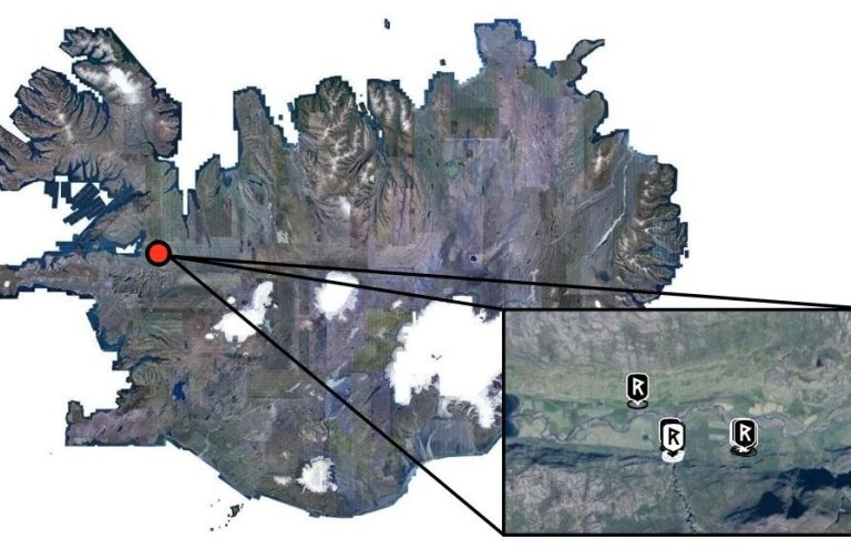 Yfirlitskort af staðsetningu minja í Haukadal. ©Loftmyndir. 