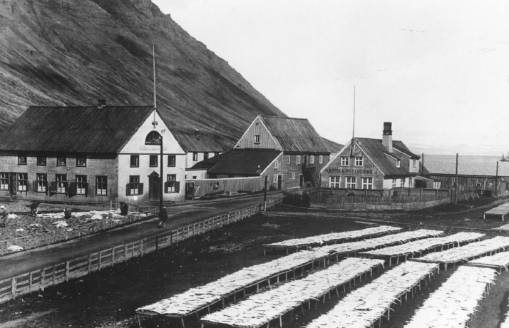 Hæstikaupstaður árið 1900, faktorshúsið er lengst til hægri og sölubúðin lengst til vinstri (Ljósmyndasafnið Ísafirði)